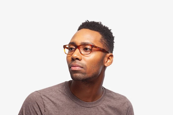 Whiskey Stripe Turin eyeglasses by Chemistrie worn by male model, side view
