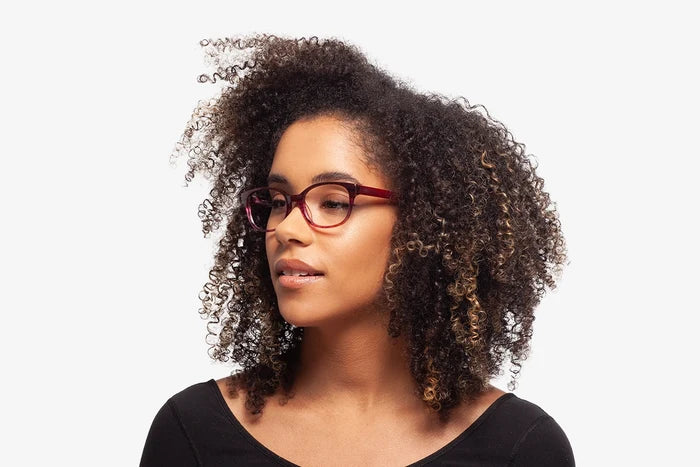 Cranberry Venice eyeglasses by Chemistrie worn by female model, side view