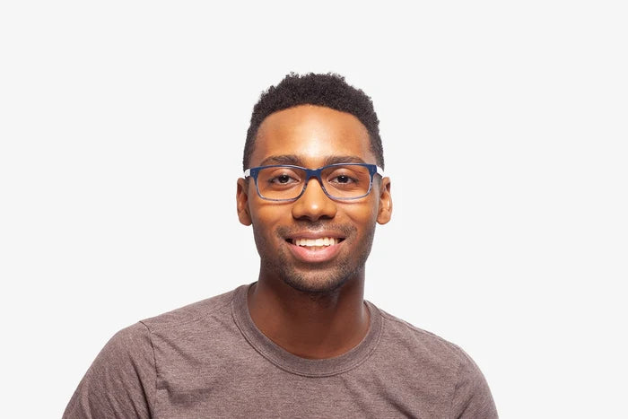 Blue Stripe Verona eyeglasses by Chemistrie worn by male model, front view