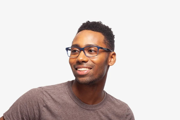 Blue Stripe Verona eyeglasses by Chemistrie worn by male model, side view