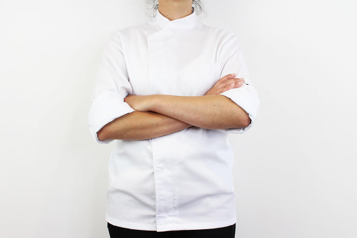 Veste de cuisine unisexe Egochef Cheap Air Plus blanche polyester et coton à manches longues