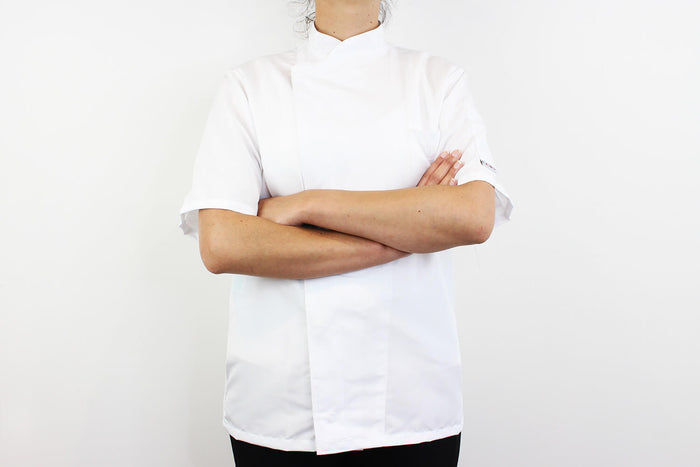 Veste de cuisine unisexe Egochef Ottavio Air Plus blanche 100% microfibre à manches courtes