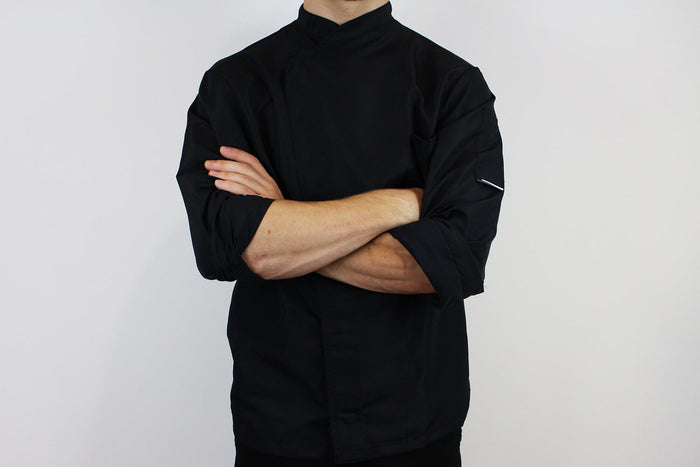 Veste de cuisine unisexe Egochef Ottavio Air Plus noire 100% microfibre à manches longues