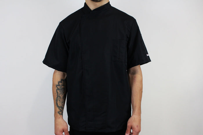 Veste de cuisine unisexe Egochef Ottavio Air Plus noire 100% microfibre à manches courtes