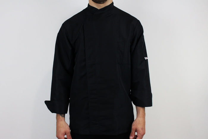 Veste de cuisine unisexe Egochef Ottavio Air Plus noire 100% microfibre à manches longues