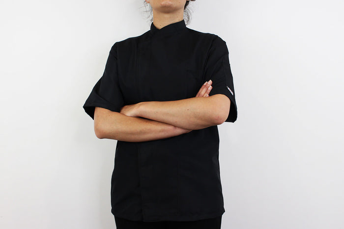 Veste de cuisine unisexe Egochef Ottavio Air Plus noire 100% microfibre à manches courtes