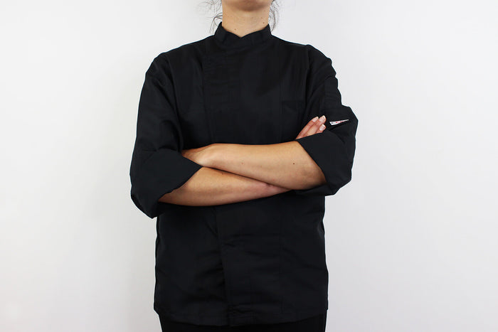 Veste de cuisine unisexe Egochef Ottavio Air Plus noire 100% microfibre à manches longues