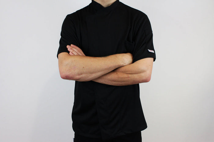 Veste de cuisine unisexe Egochef Pizzaiolo noire 100% Air Plus à manches courtes