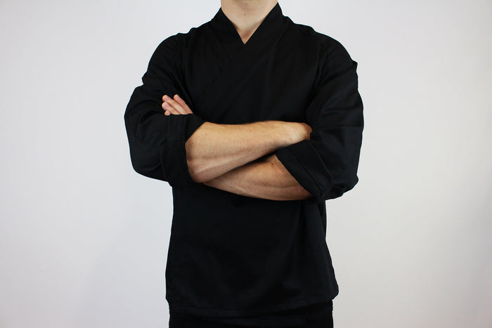 Veste de cuisine unisexe Egochef Sushi noire kimono polyester et coton à manches longues