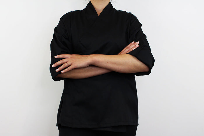 Veste de cuisine unisexe Egochef Sushi noire kimono polyester et coton à manches longues