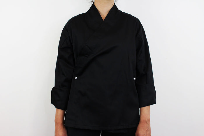 Veste de cuisine unisexe Egochef Sushi noire kimono polyester et coton à manches longues