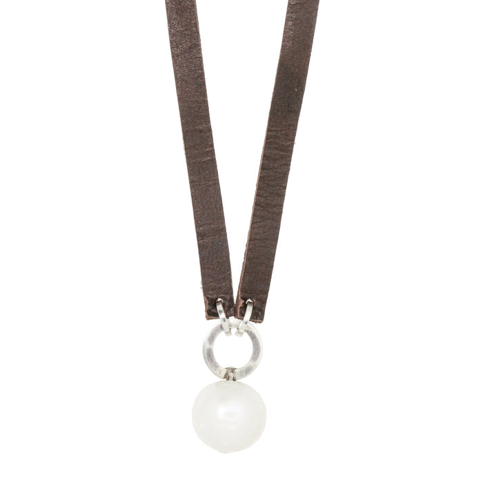 White Pearl + Brown Leather Necklace