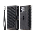 Zipper Wallet Mobile Phone Case for Apple iPhone 13 Mini with Wrist Strap - Black