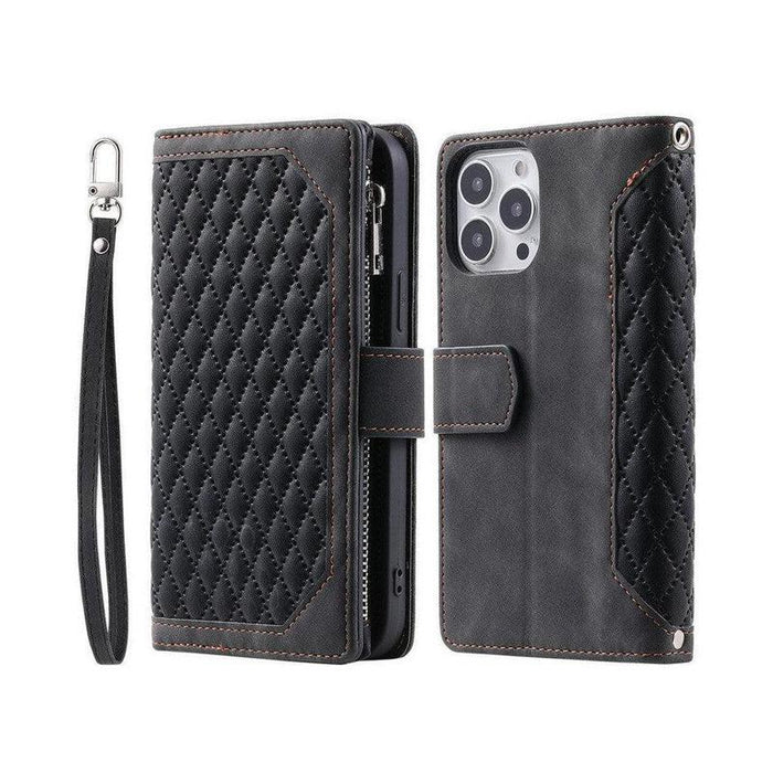 Zipper Wallet Mobile Phone Case for Apple iPhone 13 Mini with Wrist Strap - Black