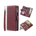 Zipper Wallet Mobile Phone Case for Apple iPhone 13 Mini with Wrist Strap - Wine