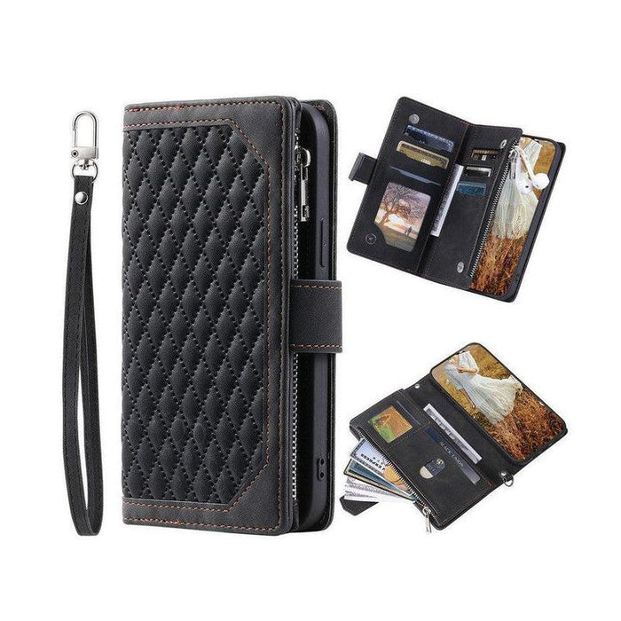 Zipper Wallet Mobile Phone Case for iPhone 12 Pro with Wrist Strap Black