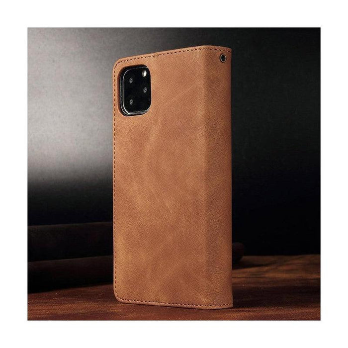 Zipper Wallet Mobile Phone Case for iPhone 13 with Wrist Strap Brown