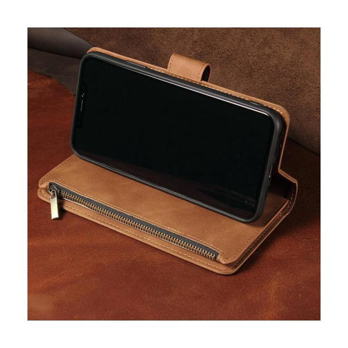 Zipper Wallet Mobile Phone Case for iPhone 14 /iPhone 13 with Wrist Strap Brown