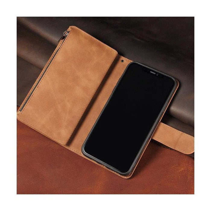 Zipper Wallet Mobile Phone Case for iPhone 14 /iPhone 13 with Wrist Strap Brown