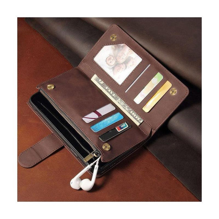 Zipper Wallet Mobile Phone Case for iPhone 14 /iPhone 13 with Wrist Strap Brown