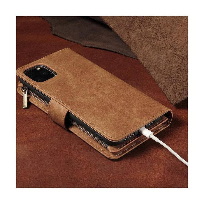 Zipper Wallet Mobile Phone Case for iPhone 14 /iPhone 13 with Wrist Strap Brown